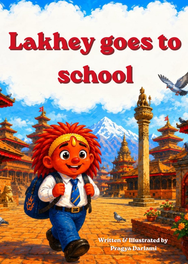 Cover of Lakhey Goes to School. Lakhey, a smiling red creature with wild red hair, walks through Kathmandu Durbar Square in his school uniform.