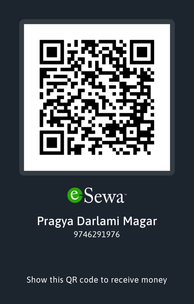 eSewa QR code. Account name: Pragya Darlami Magar, 9746291976.