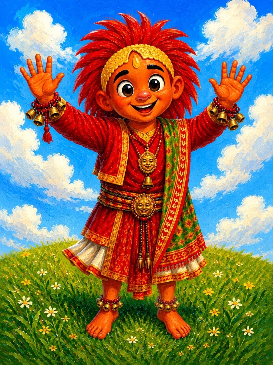 Lakhey in his red festival dress dancing on a grassy hill, arms up, bells on his wrists. Press to see him dance!