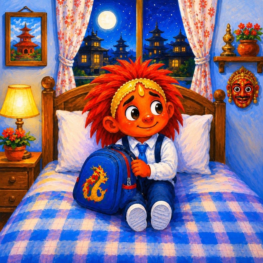 Lakhey sitting on his bed at night, looking at his new school bag