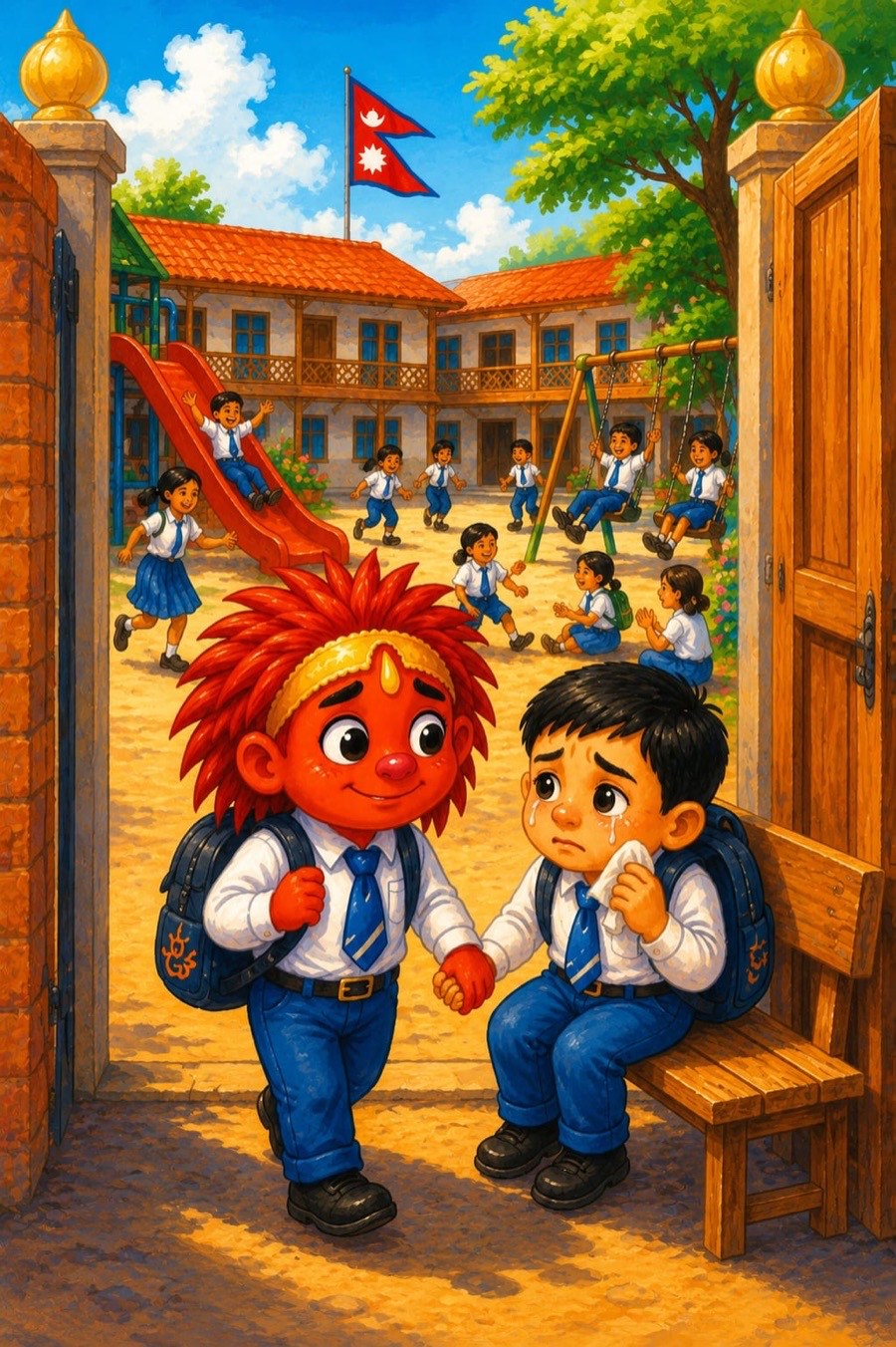 Lakhey standing nervously at the school gate
