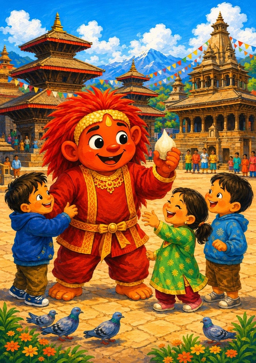 Lakhey laughing and playing with his new friends in Durbar Square